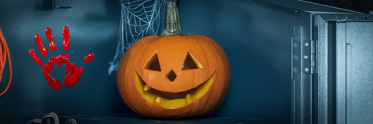 A Spooky Pumpkin prop inside an Asgard Shed