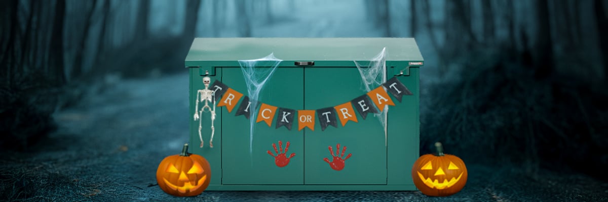 A spooky decorated Asgard Shed