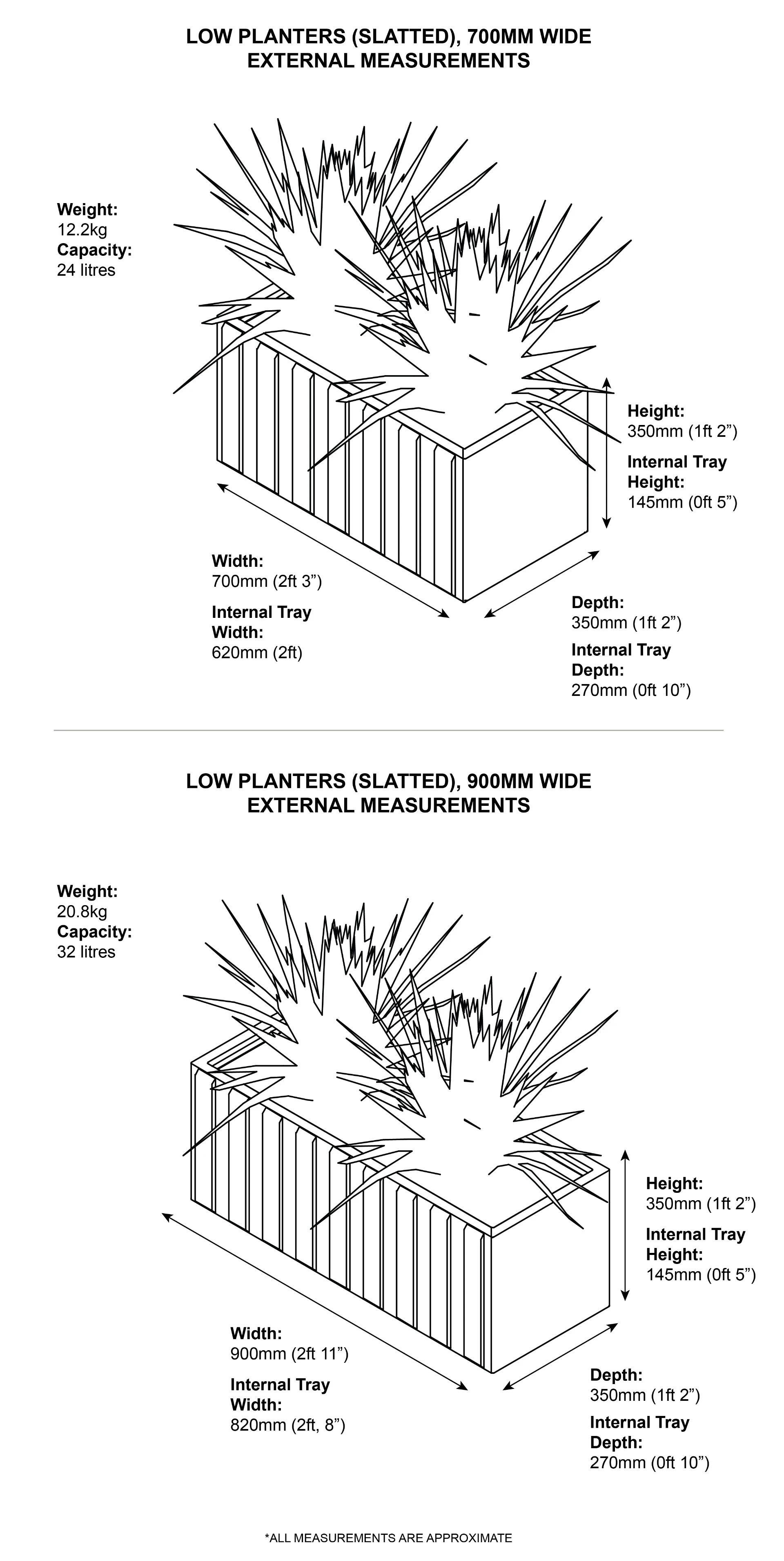 Outdoor Slatted Metal Planters Low Dimensions