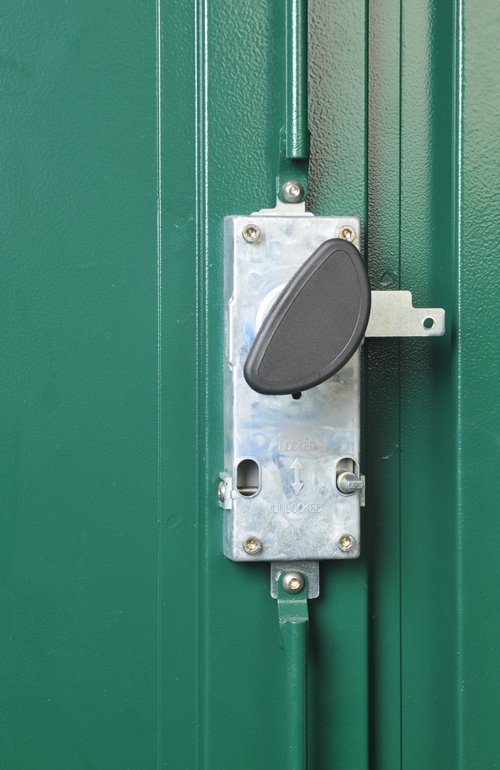 Metal shed locking mechanism rear