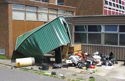 Broken metal shed