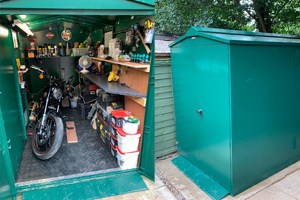 Secure motorcycle garage with customer's DIY workbench