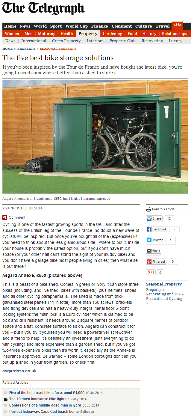The Telegraph names a Asgard bike shed as the best bike storage solution